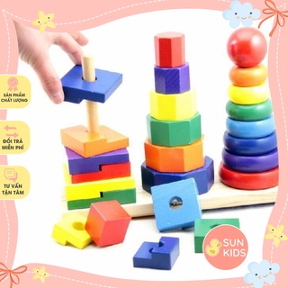 Bộ đồ chơi gỗ tháp xếp chồng cột cho bé 2-4 tuổi xếp hình, thả hình học màu sắc, hình khối vận động phát triển trí tuệ