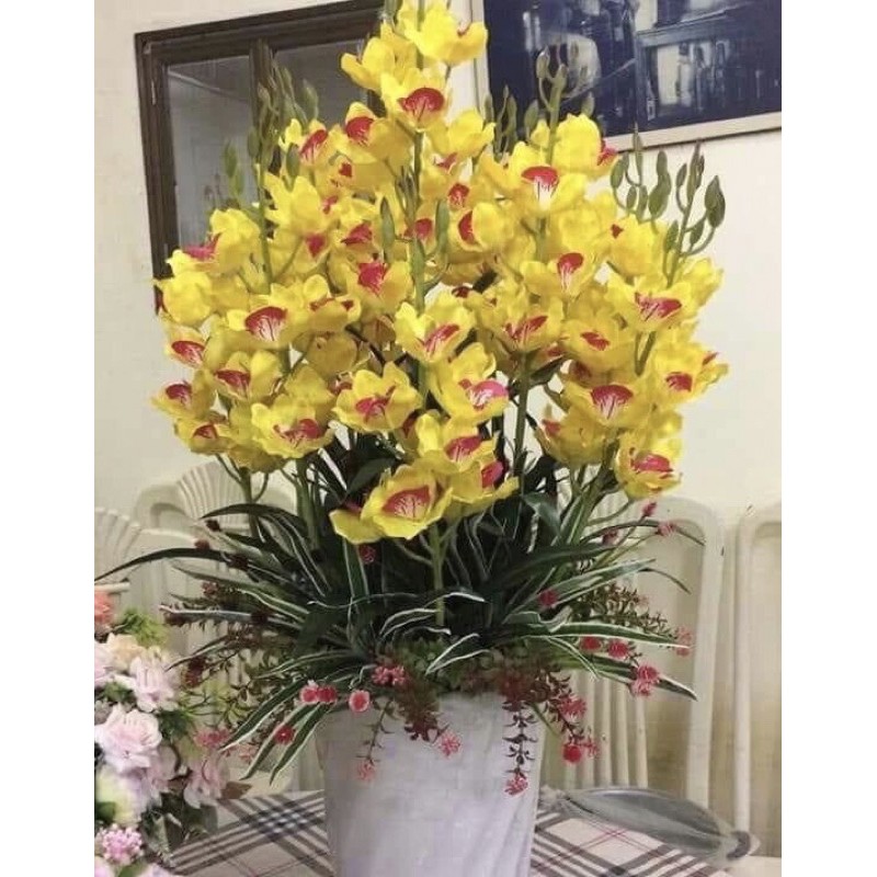 Hoa giả hoa lụa/ cành hoa địa Lan 13 bông cành dài 80 cm decor siêu đẹp