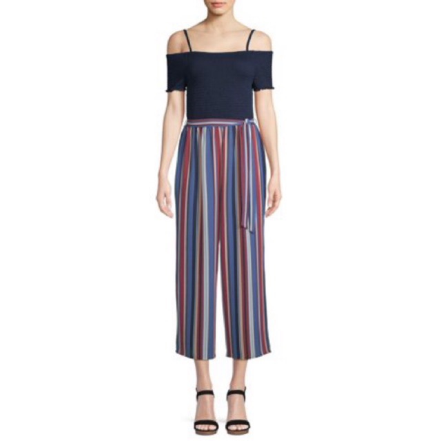 Jumpsuit trễ vai sọc xuất xịn