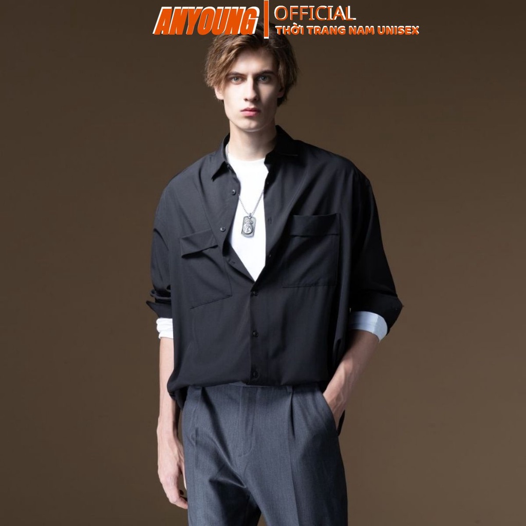 Áo sơ mi nam ANYOUNG - Áo sơ mi dài tay unisex from rộng đen trắng ASM27
