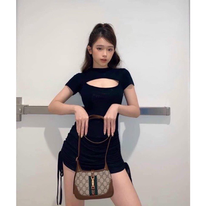 Váy hở ngực rút eo body cộc tay nữ - Đầm trơn khoét ngực dáng cộc sexy cá tính ulzzang HOT