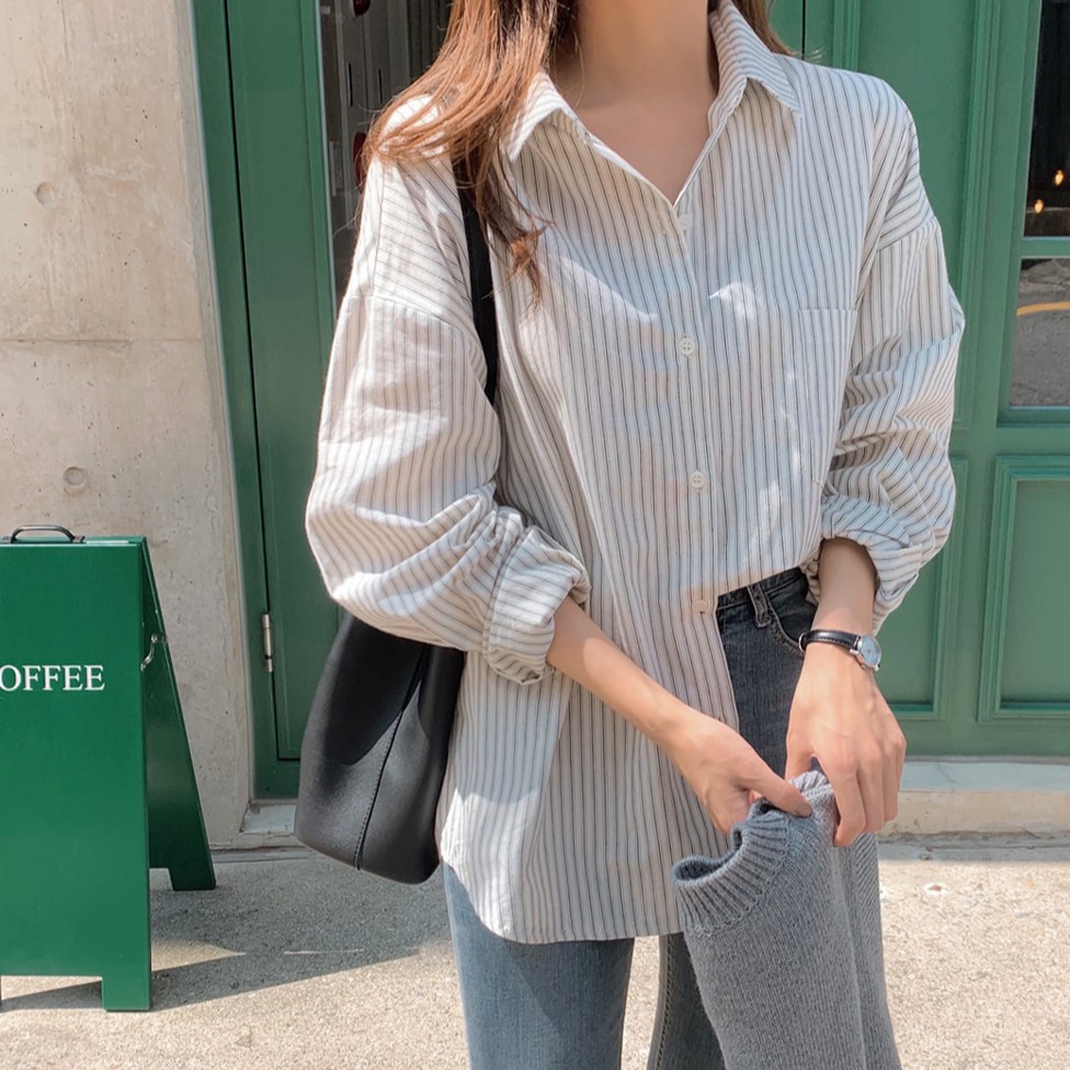 Áo sơ mi dài tay kẻ sọc/ Áo khoác không tay cổ chữ V màu trơn Peppermint 38053 xinh xắn dành cho nữ
