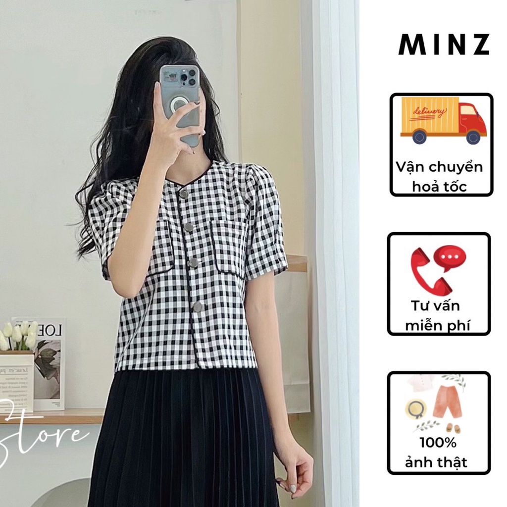 Áo Sơ Mi Công Sở Nữ Tay Cộc MINZ STORE Dáng Lửng, Thiết Kế 2 Túi Ngực