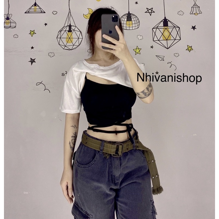 Set áo croptop phối áo hai dây cột eo cá tính