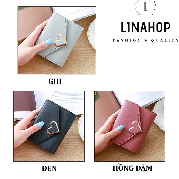 Ví bóp da ngắn cầm tay mini đựng tiền sang trọng giá rẻ khóa trái tim