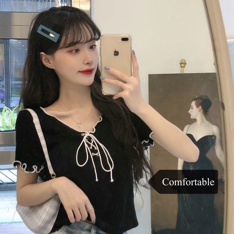 Áo nữ BH dệt kim tay ngắn phối dây thời trang