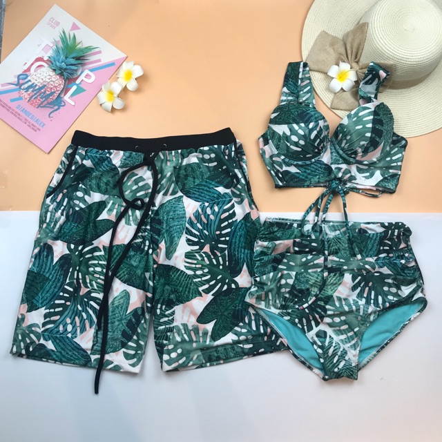 Bikini lưng cao áo crop nâng ngực lá xanh | BigBuy360 - bigbuy360.vn