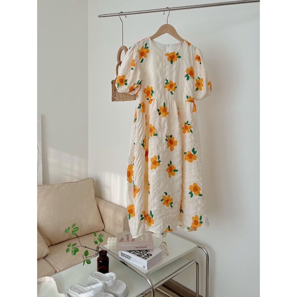 Váy babydoll dáng dài xòe tay bồng họa tiết hoa cam vải xốp tiểu thư siêu đẹp (TTA126)