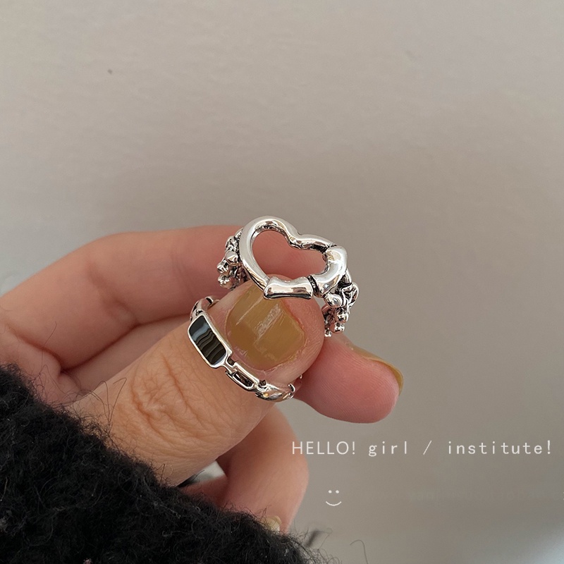 Set 2 Nhẫn Bạc Khắc Trái Tim Rỗng Có Thể Điều Chỉnh Kích Cỡ