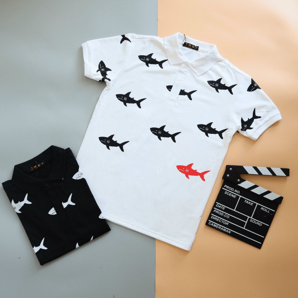 Áo Thun Nam Ngắn Tay Cổ Trụ Họa Tiết Cá Mập, Chất Cotton Mềm Mát Thấm Hút Mồ Hôi Tốt Thích Hợp Mọi Nơi [NEW UNISEX]