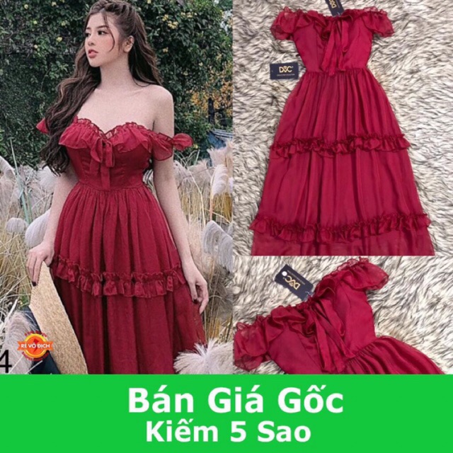 Váy maxi tơ đỏ thời trang thiết kế DVC