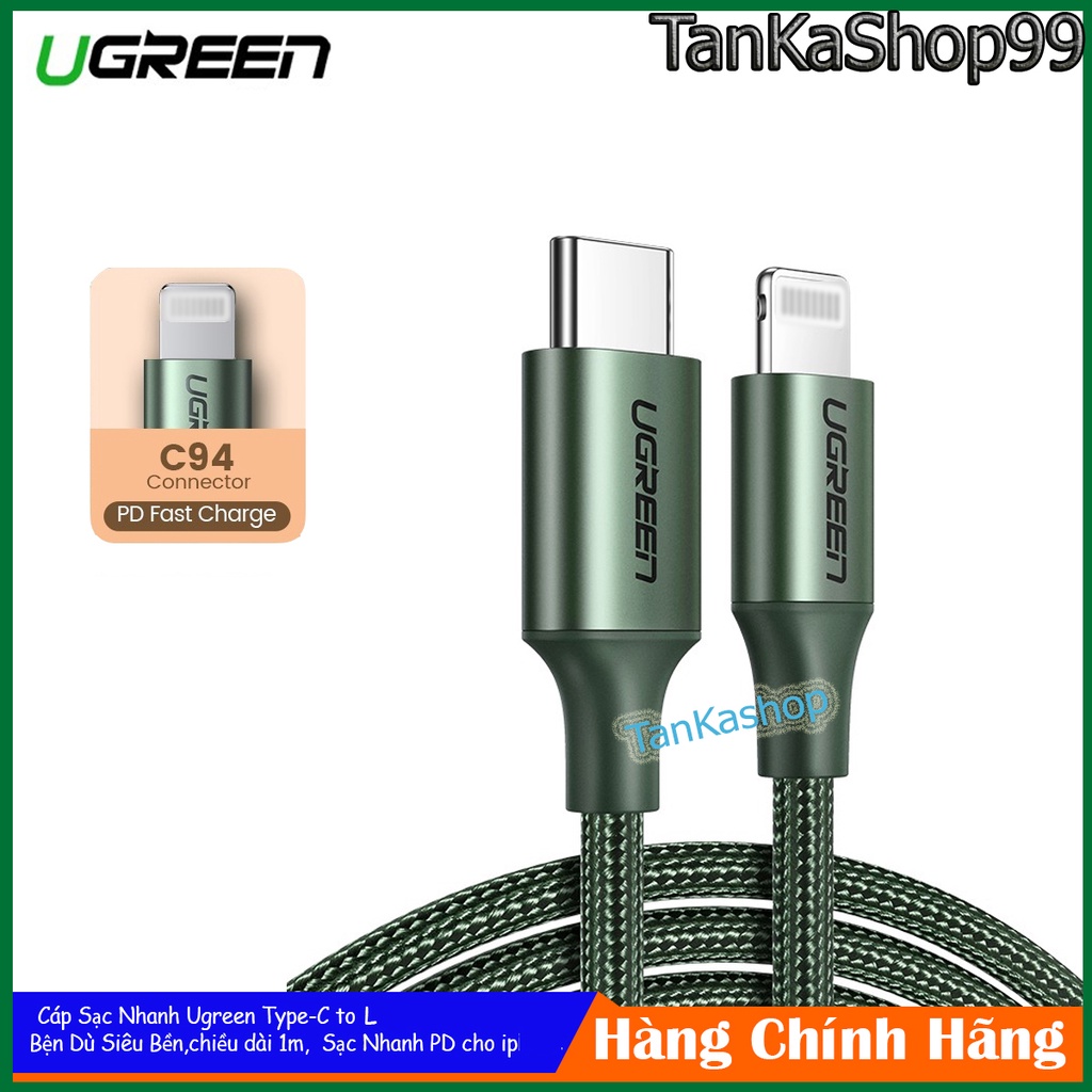 cáp sạc nhanh ugreen type c to dài 1m, sạc nhanh pd cho ip. bện dù siêu bền