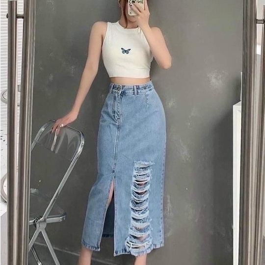 Happy-store ❤️ Chân Váy Jeans Nữ Rách Dáng Chữ A ❤️ Váy Bò Dài Xẻ Vạt Fullsize 2 Màu