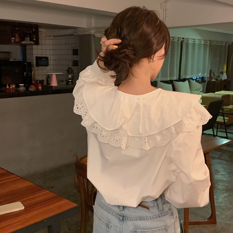Áo kiểu cổ búp bê viền bèo thời trang ngọt ngào 2021 dành cho nữ