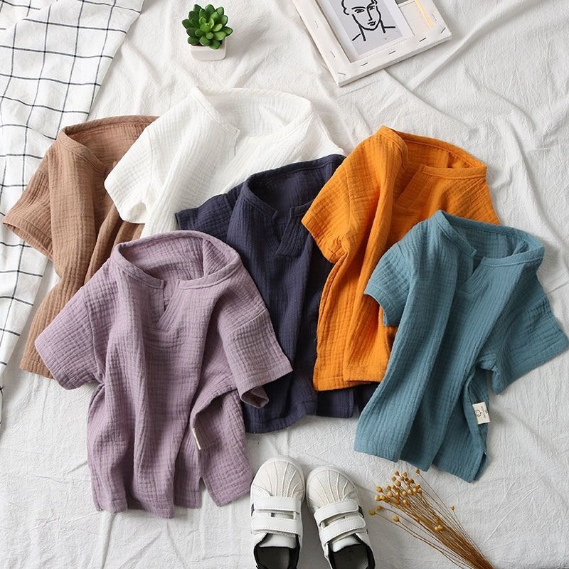 Áo thun MNGRL vải linen mềm mát màu trơn tay ngắn thoáng khí phong cách Hàn Quốc thời trang mùa hè cho trẻ em