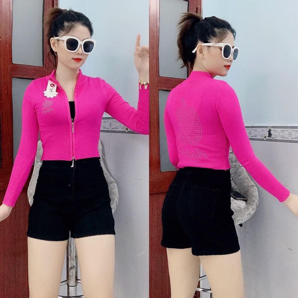 Áo Khoác Len Nữ Form Lửng Dây Kéo Đôi Đính Hạt Sau Lưng