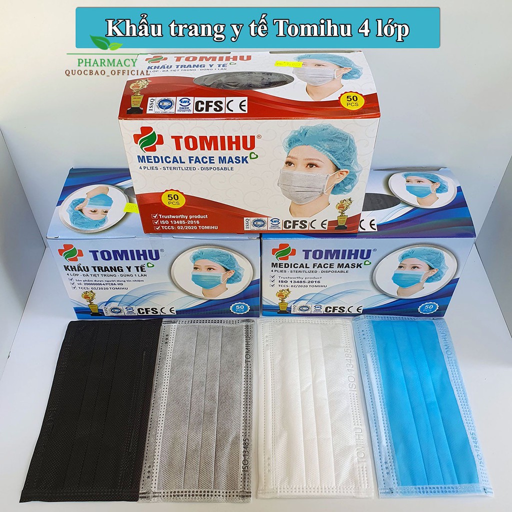 ⚡ Khẩu trang y tế 4 lớp Tomihu ⚡ Hộp 50 cái ⚡ Ngăn vi khuẩn, khói, bụi 🍀 Màu xanh, màu xám, màu trắng, màu đen 🍀