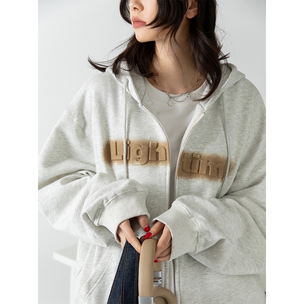 Áo Khoác Hoodie Dáng Rộng Có Khóa Kéo In Chữ Thời Trang Xuân Thu Cho Nữ