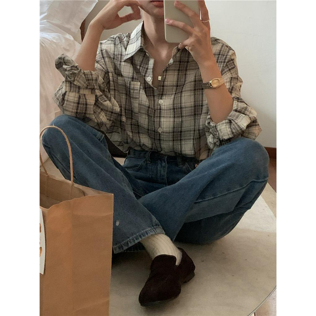 61211 Hàn Quốc Giản Dị polo Cổ Áo Sơ Mi Dài Tay Kẻ Sọc