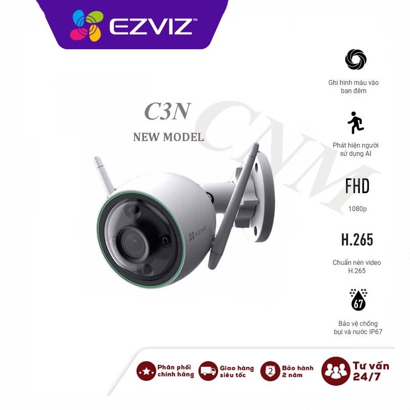 Camera Wifi EZVIZ Ngoài Trời C3N (CS-CV310) 2.0MP 1080P, camera c3n mẫu mới, có màu ban đêm, tích hợ