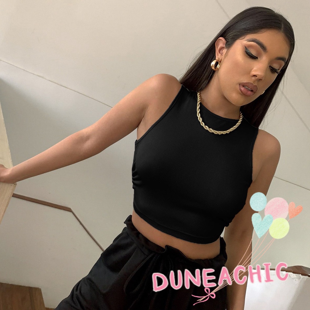 DUNEA Áo Tank Top Cổ Tròn Màu Trơn Hở Lưng Gợi Cảm Cho Nữ