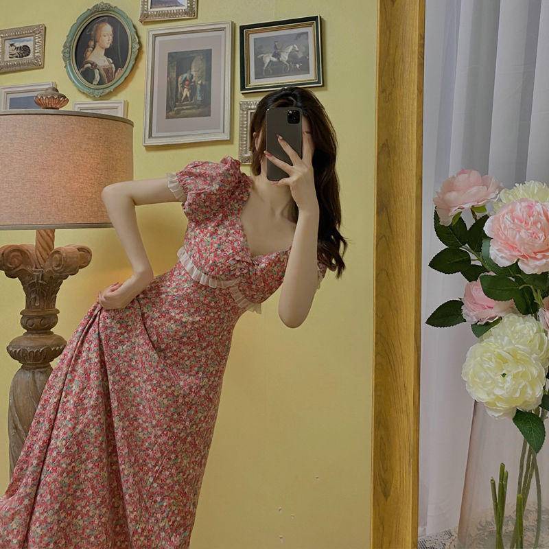 Mới Đầm Hoa Đỏ Dáng Dài Phong Cách Mori Pháp Cổ Điển Thời Trang Cho Nữ