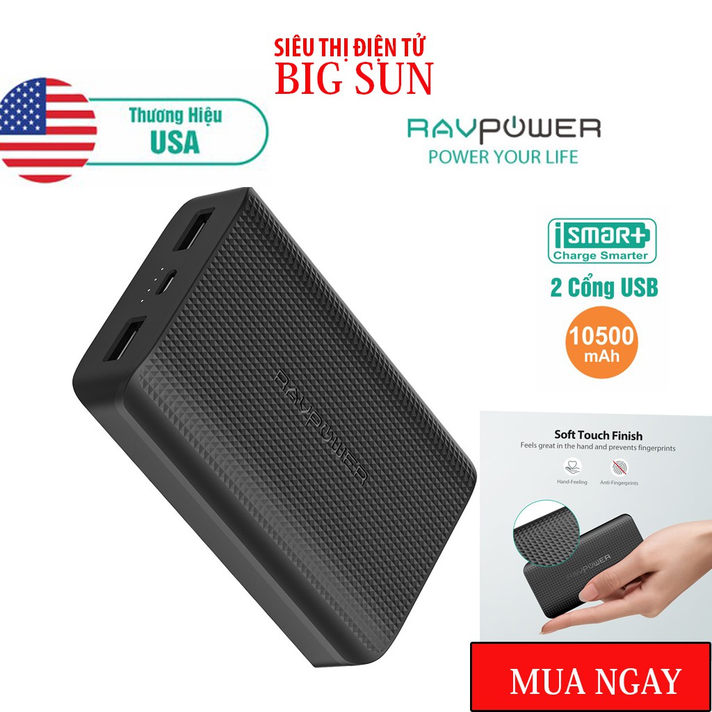 Pin Sạc Dự Phòng RAVPower RP-PB133 10500mAh Sạc Nhanh Công nghệ iSmart Black-Hàng chính hãng thương hiệu Mỹ