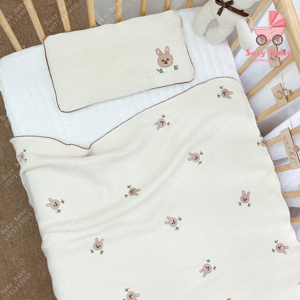 Set chăn gối xô organic thêu mẫu mới cho bé, Suzy baby