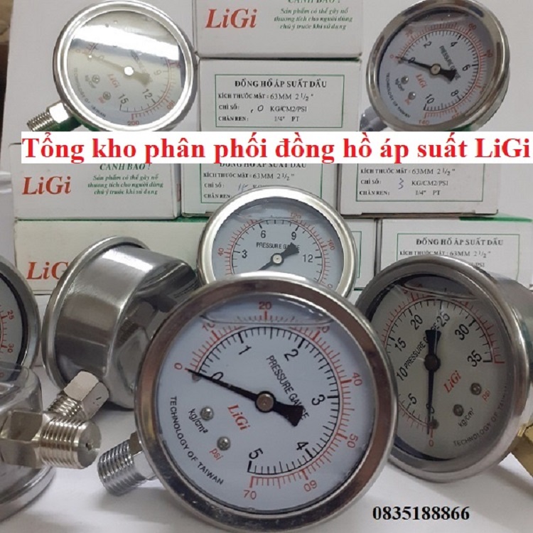 Đồng hồ đo áp suất áp lực nước hơi khí nén 5kg mặt 63 có dầu LiGi