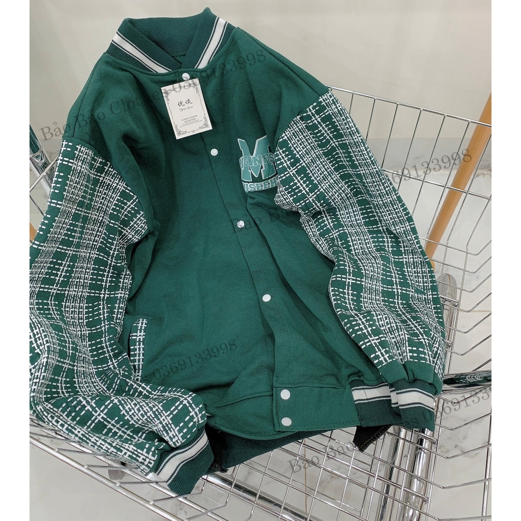 Khoác Bomber Nỉ Nam  Nữ Chữ M Tay Kẻ Bồng Bo Tay Dáng Rộng Unisex Uzzlang Thêu Phối Tay