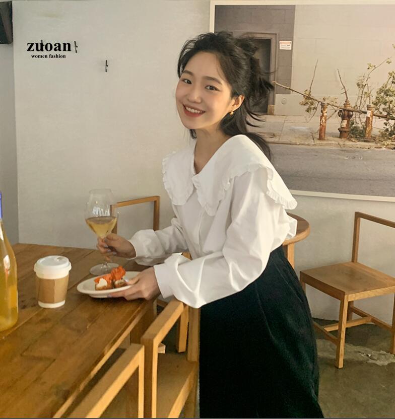 SUXI Áo Sơ Mi Trắng Cổ Bèo Dáng Rộng Phong Cách Hàn Quốc Cho Nữ