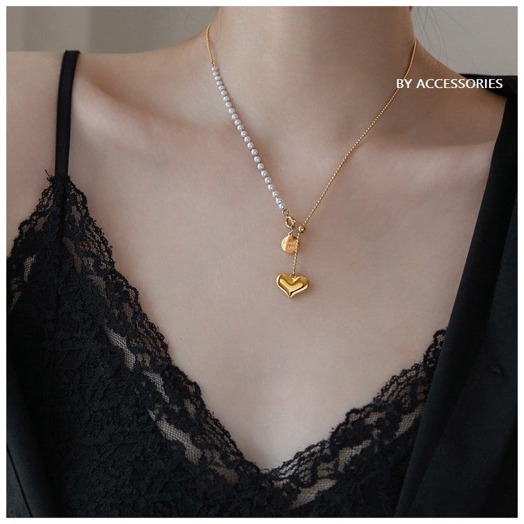 Dây chuyền titan chuỗi hạt ngọc dây bi phối trái tim không gỉ WN2114