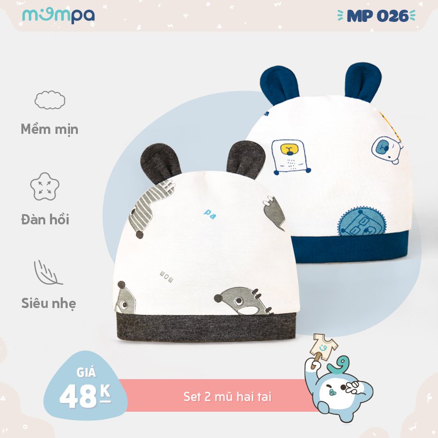 Mũ sơ sinh Set 2 chiếc Mompa vải cotton bảo vệ thóp che đầu che tai bé co giãn thấm hút thông thoáng 026