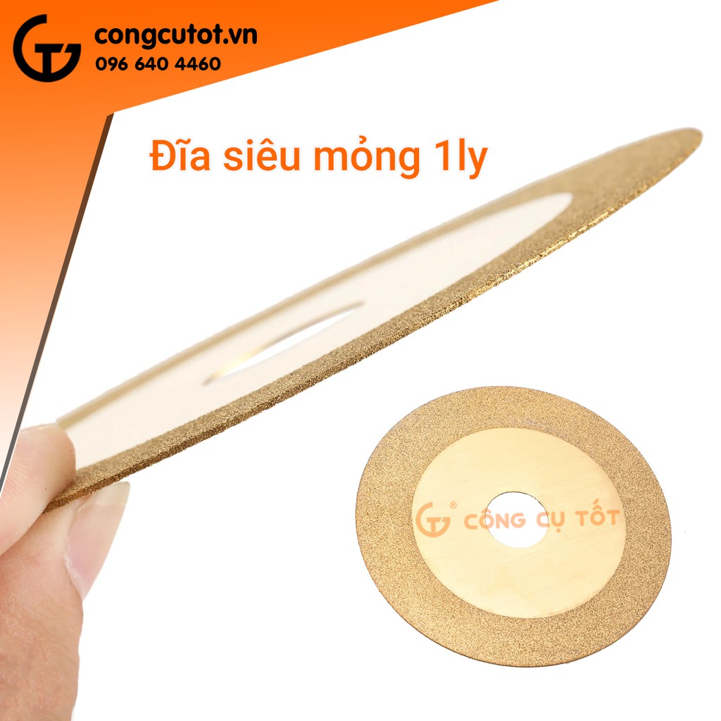 Đĩa mài kính kim cương phủ titan vàng hạt mịn 120 µm, Ø100mm, dày 1mm,  trục 20mm, 12000 vòng/phút