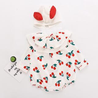 Bộ Áo Liền Quần Dài Tay In Họa Tiết Quả Cherry Kèm Mũ Đội Dễ Thương Cho Bé Gái