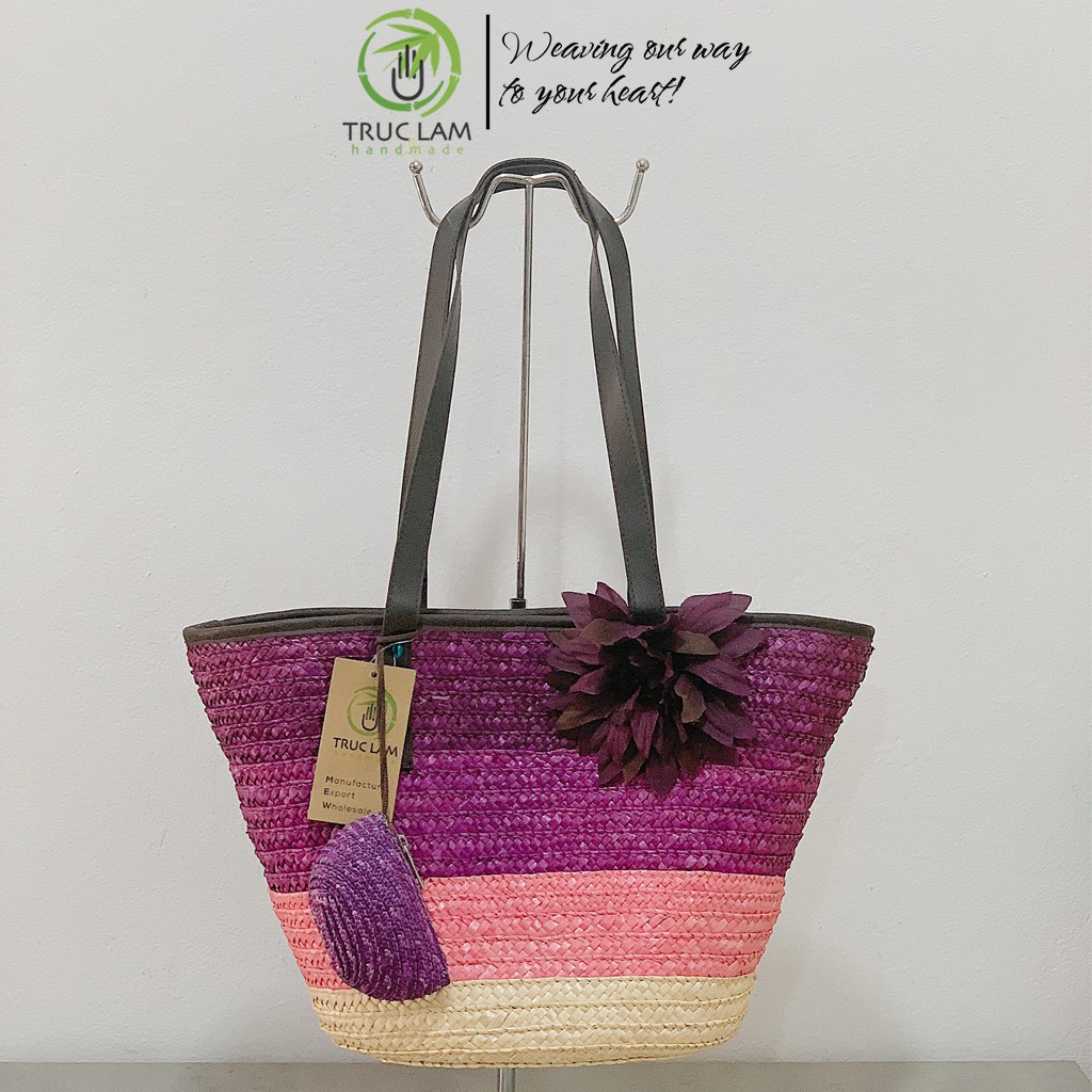 Túi Cói Thời Trang Nữ Thân Nhiều Màu Sắc Trang Trí Bông Hoa Gắn Ví Treo Nhỏ – Trúc Lâm Handmade