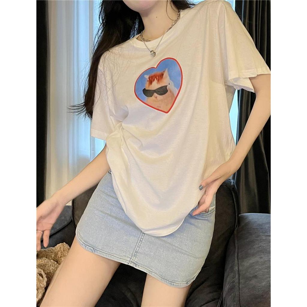 Áo Thun Dáng Dài Ngắn Tay In Hình Mèo Đáng Yêu 63401