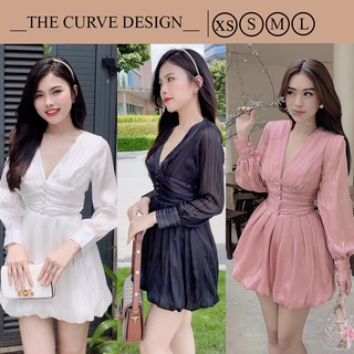 Đầm Dự Tiệc Tay Dài Đuôi Bí Ngực Chữ V, Đính Nút Bọc Ở Giữa - 5 Màu Trắng, Đen, Đỏ Đô, Cam Đất, Kem - Ảnh Thật