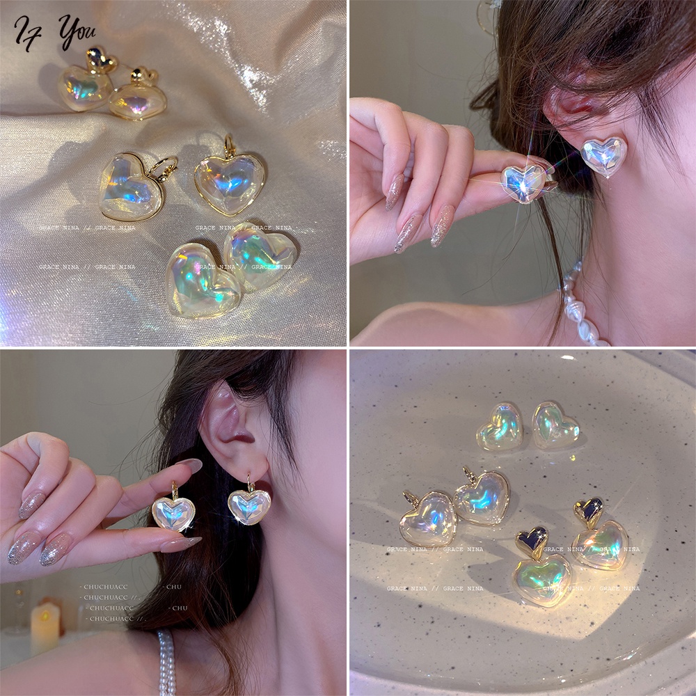 Bông tai nữ AY mặt hình trái tim đính ngọc trai pha lê đơn giản thanh lịch