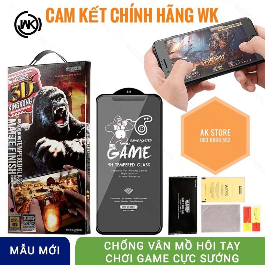 Kính Cường lực Kingkong Nhám Chống vân tay - Chống mồ hôi tay chính hãng WK