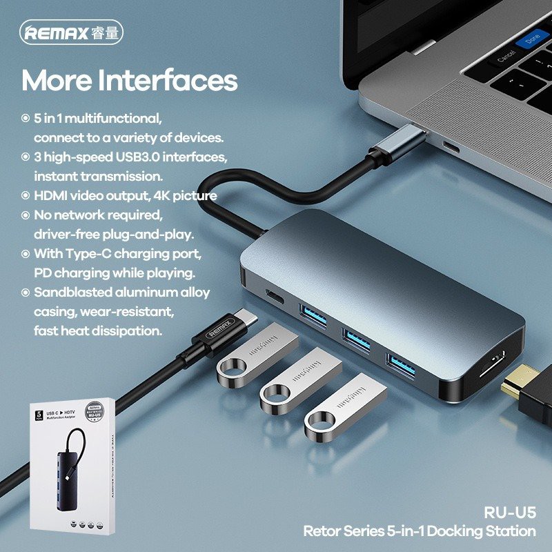  Bộ Chia USB Type-C Đa Cổng Remax RU-05/Hub USB Type C Đa Cổng USB-A/USB-C/HDMI 4K