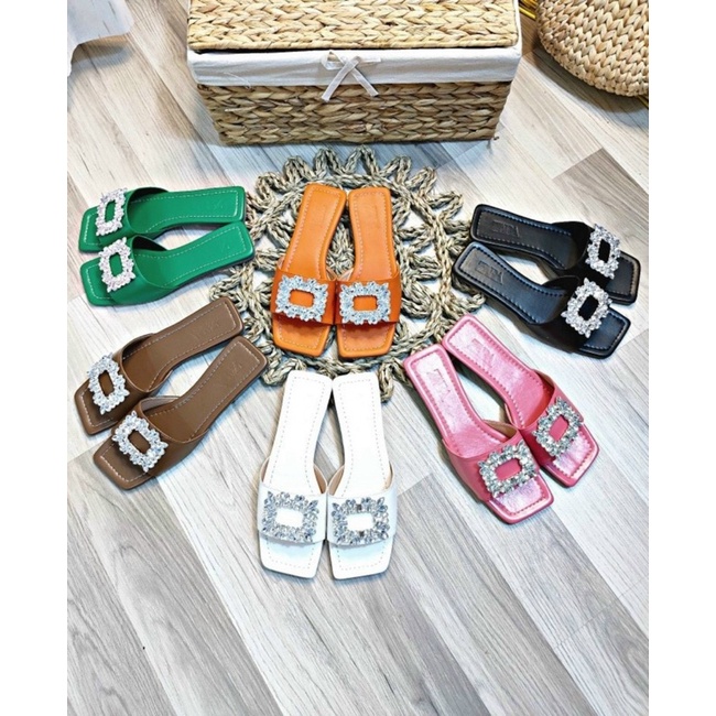 dép lê nữ quai ngang đính hoa đá da lì cao cấp