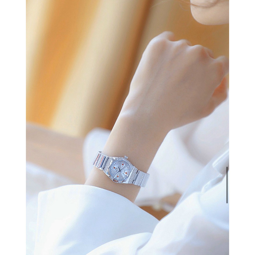 Đồng hồ nữ dây kim loại, đồng hồ đeo tay nữ chính hãng BEE SISTER đính đá cao cấp mặt tròn, thời trang Hàn Quốc giá rẻ