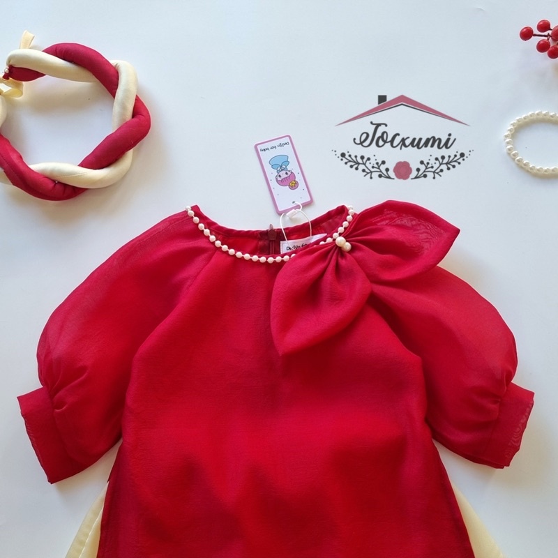 Áo dài cách tân cổ nơ đỏ đính châu cao cấp - Tocxumi