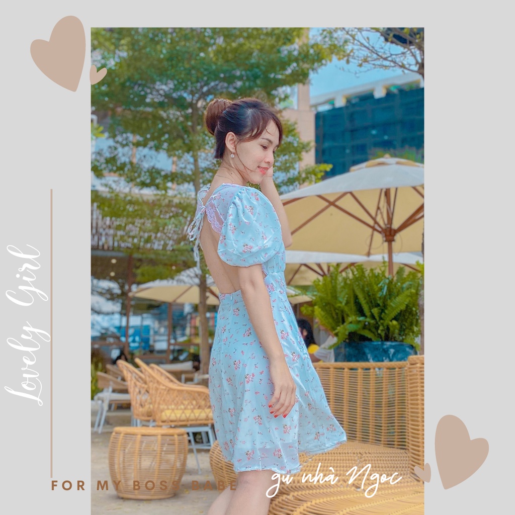 ND09 Đầm dáng xoè ngắn tay hoa nhí khoét lưng viền ren.