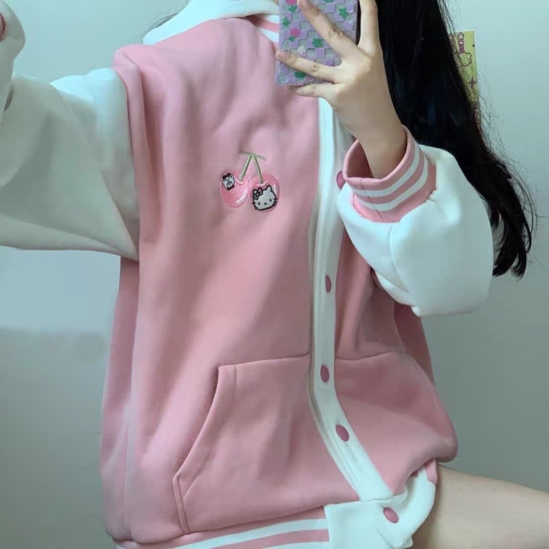 Áo khoác bomber có nón thêu hình hello kitty brand kitty