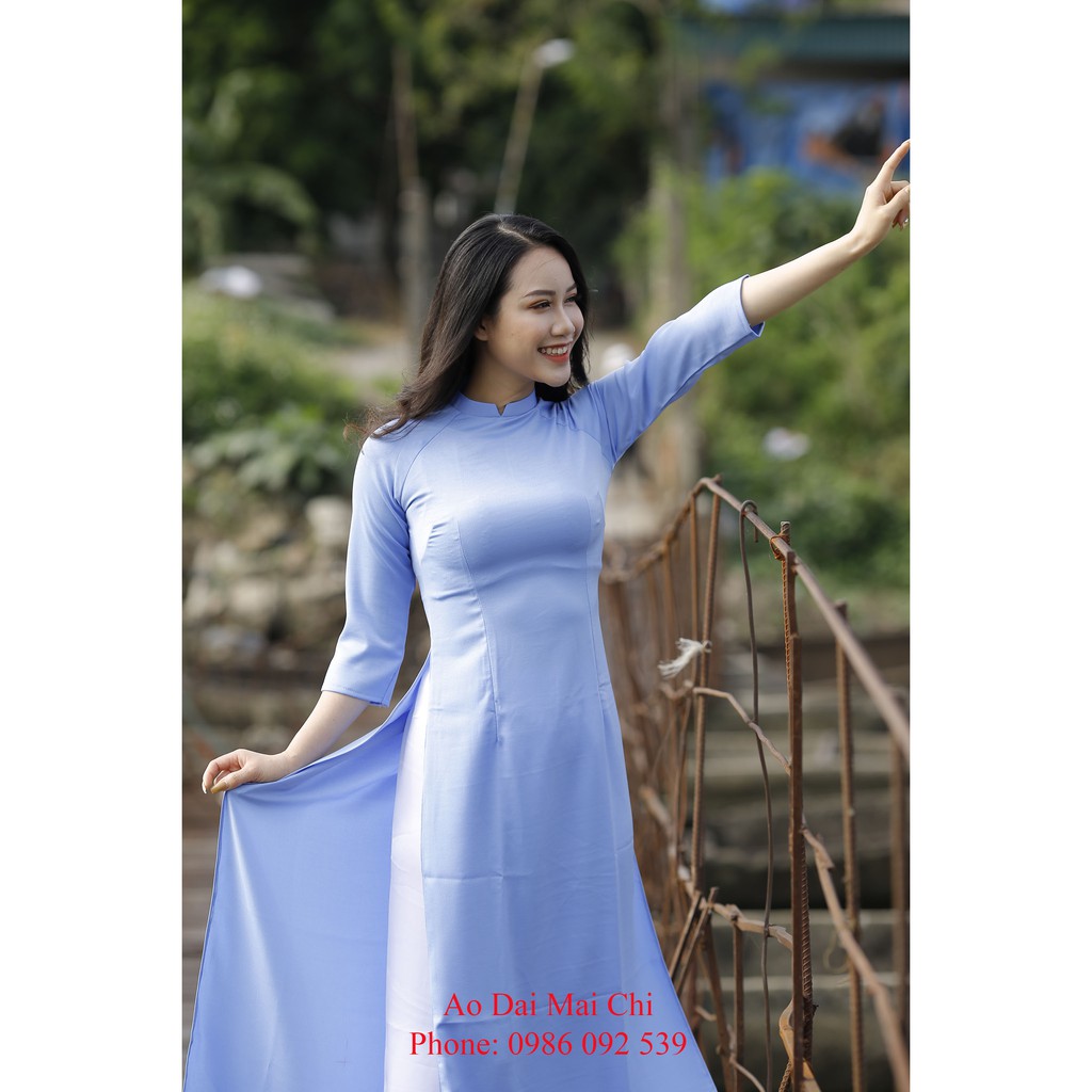Bộ áo dài truyền thống chất liệu lụa Tây thi cao cấp - Màu xanh da trời (áo cổ 2cm tay lỡ)