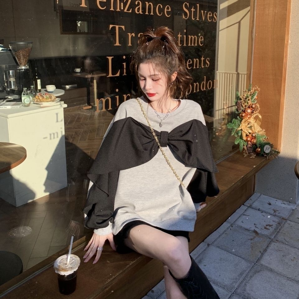 Áo kiểu COZOKC tay dài dáng rộng phối nơ màu tương phản phong cách Hàn Quốc