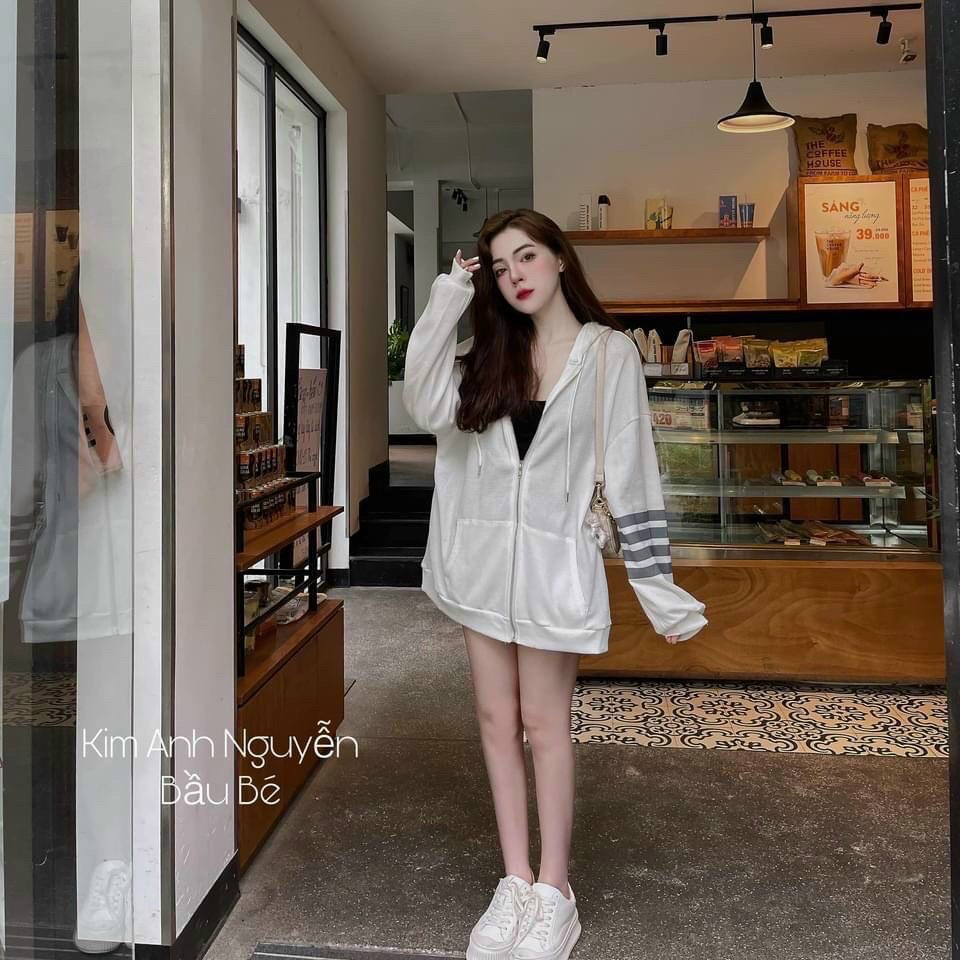 [Kèm Ảnh Thật] Áo Khoác Kéo Khoá Zip Tay Phối Sọc Chống Nắng - Chất Nỉ Mát Phong Cách Đường Phố