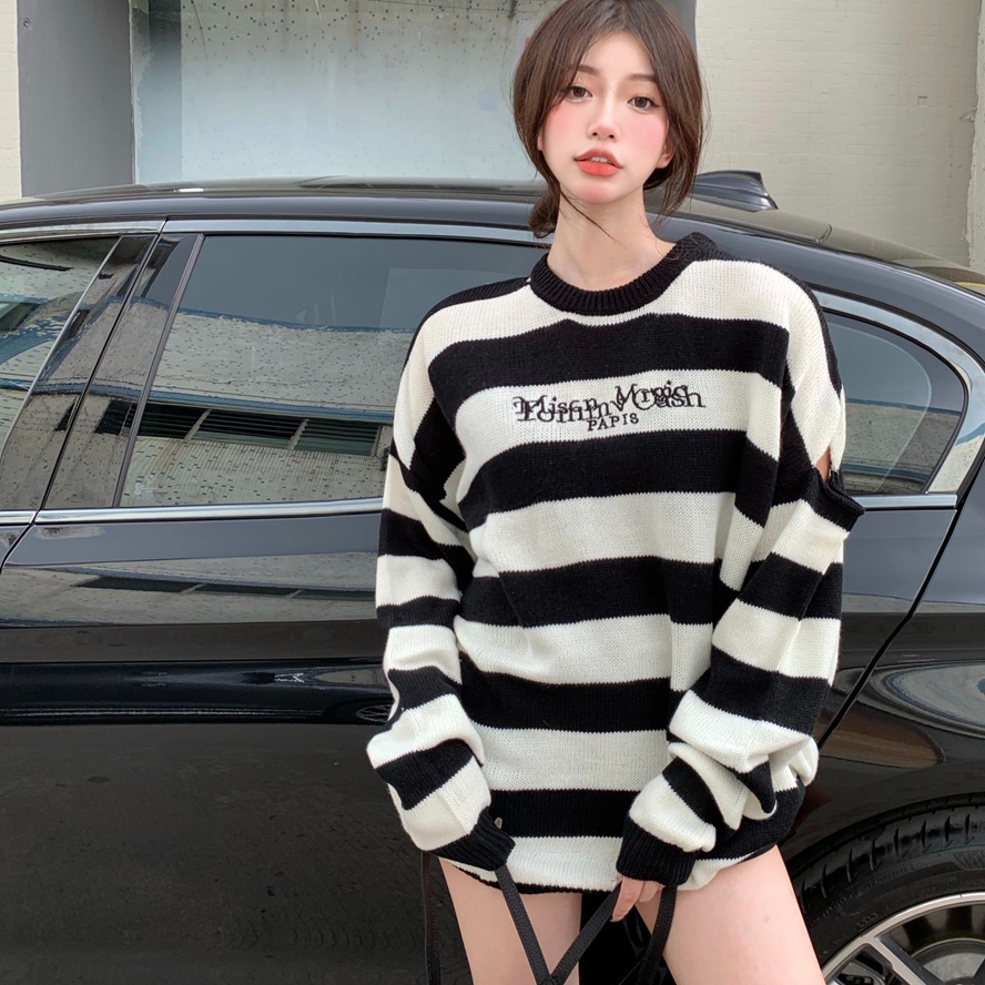 Áo Khoác Sweater Dệt Kim Mỏng Kẻ Sọc Kiểu Retro Hàn Quốc Thời Trang Mùa Thu Cho Nữ